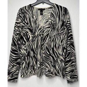 Vintage Jillian Jones Lambswool Angora Cardigan Sweater Black White Zebra Size L